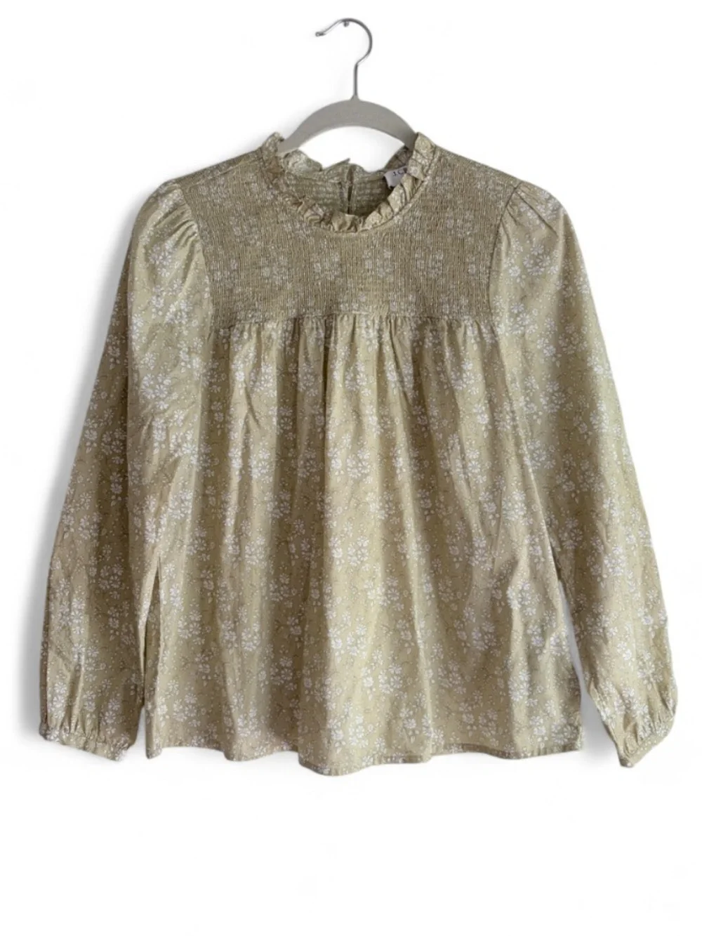 J. Crew Liberty 100% Cotton Beige Floral Smocked Elastic Ruffle Blouse Size M